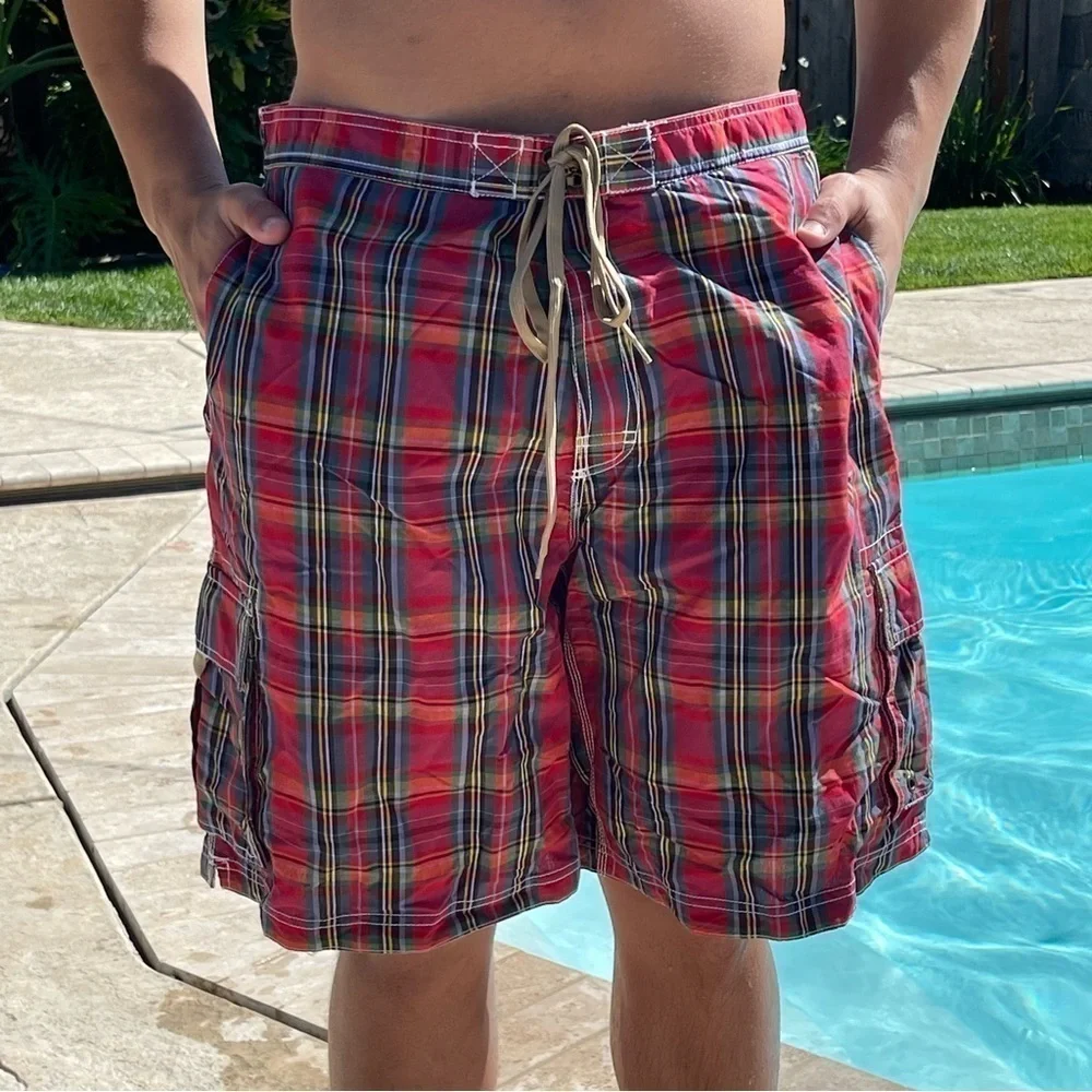 NWT Club Room XL & XXL High Summer Red Plaid Striped Swim Trunks MT11